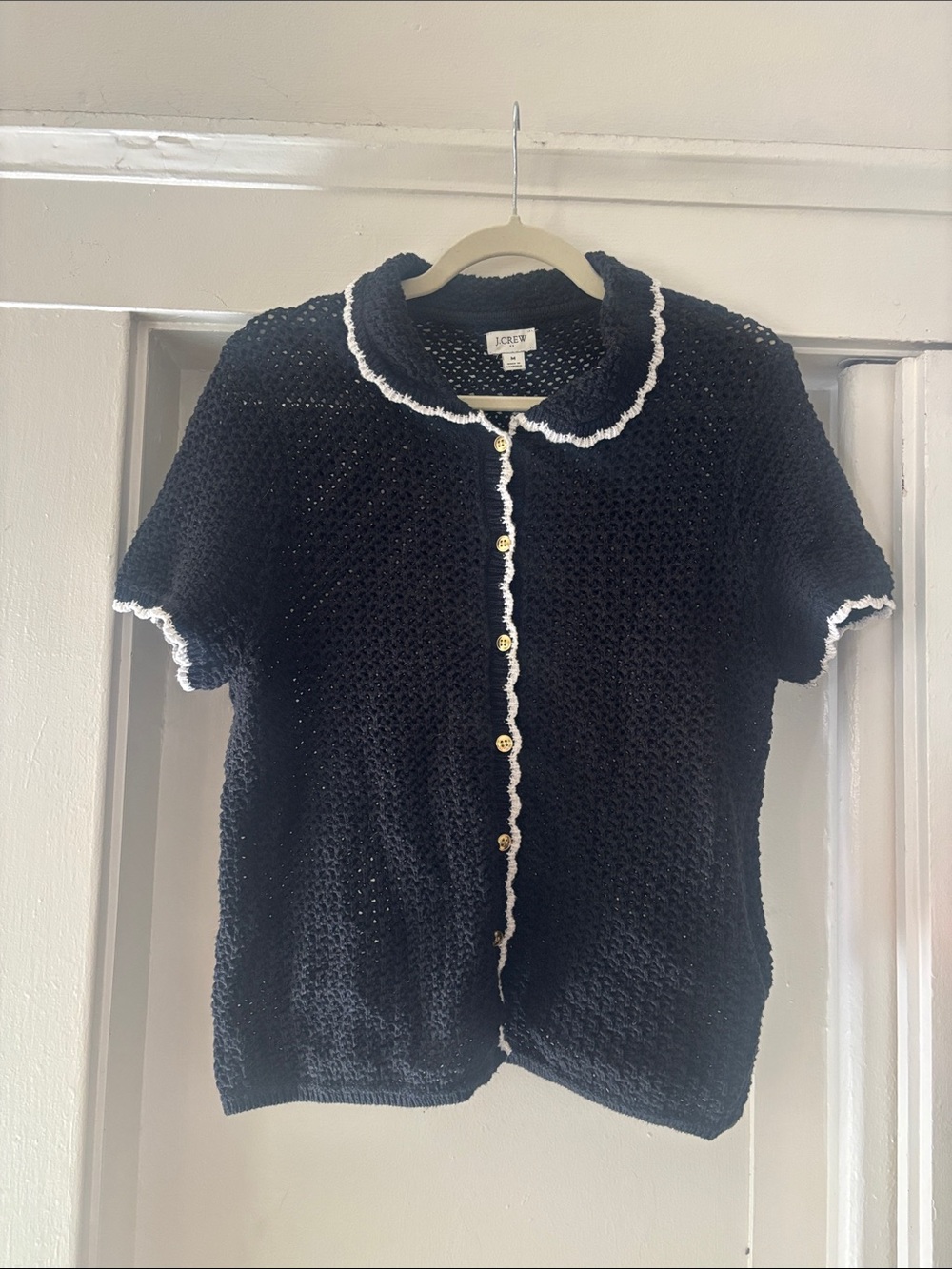 J. Crew Black Short-Sleeve Knit Cardigan with White Trim and Gold Buttons